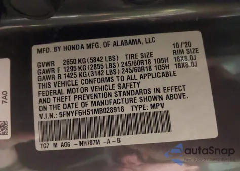 2021 Honda Pilot Awd Ex-L из США, поврежденный, VIN 5FNYF6H51MB028918